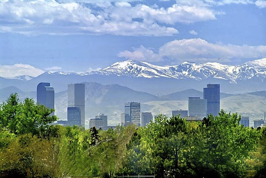 Denver skyline with the Rocky Mountains in the distance